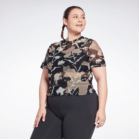 Reebok MYT Allover Print Mesh T-Shirt (Plus Size) Czarne | KGUJ-79265