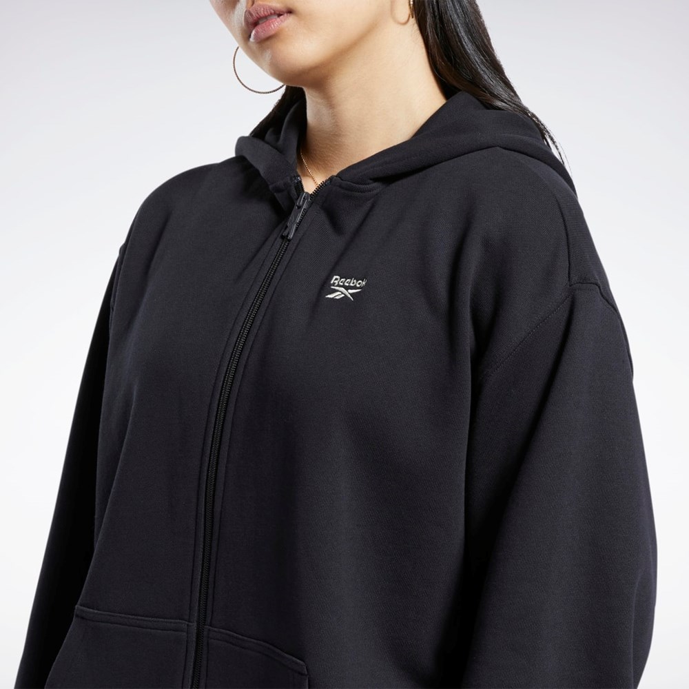 Reebok Classics Oversized Long Zip-Up Hoodie Czarne | UWTH-41780