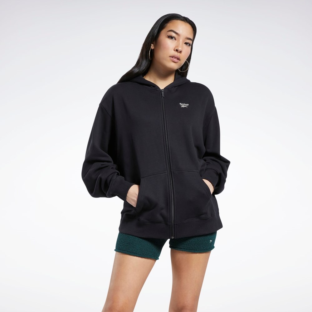 Reebok Classics Oversized Long Zip-Up Hoodie Czarne | UWTH-41780